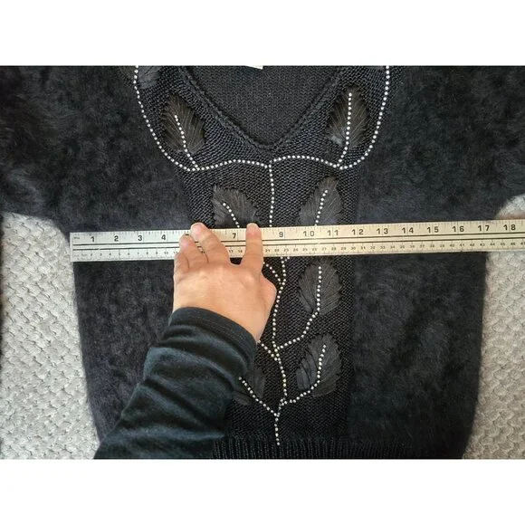 Vtg‎ 80s/90s Nordstrom Angora Blend Sweater Black Beaded Leaf Glam Dynasty Small - Picture 7 of 8